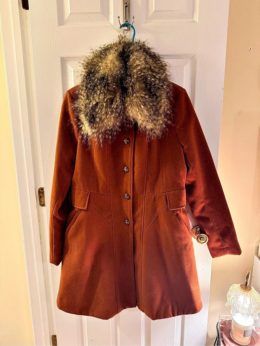 bar III Women's Faux Fur Collar Coat Brown XL Like New
